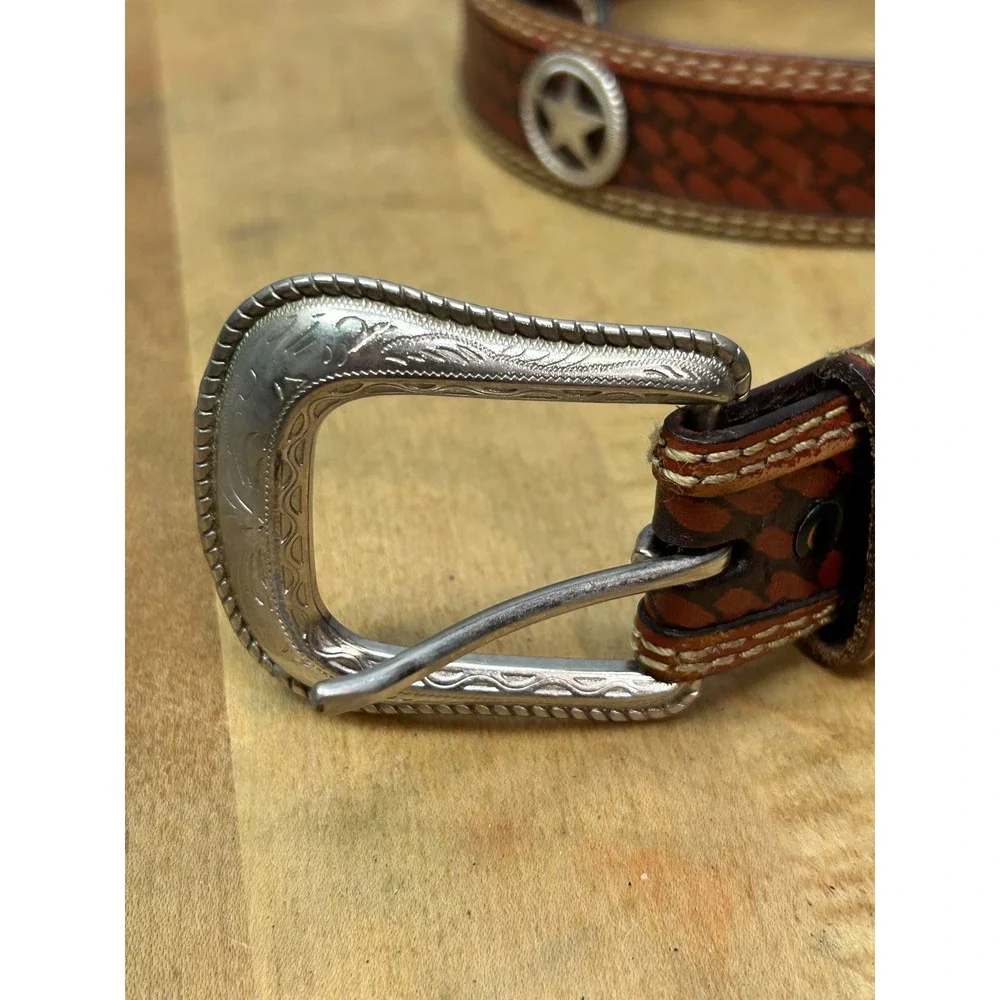 FLG Belt Mens 40 Brown Basketweave Leather Texas Star Concho Western Rodeo